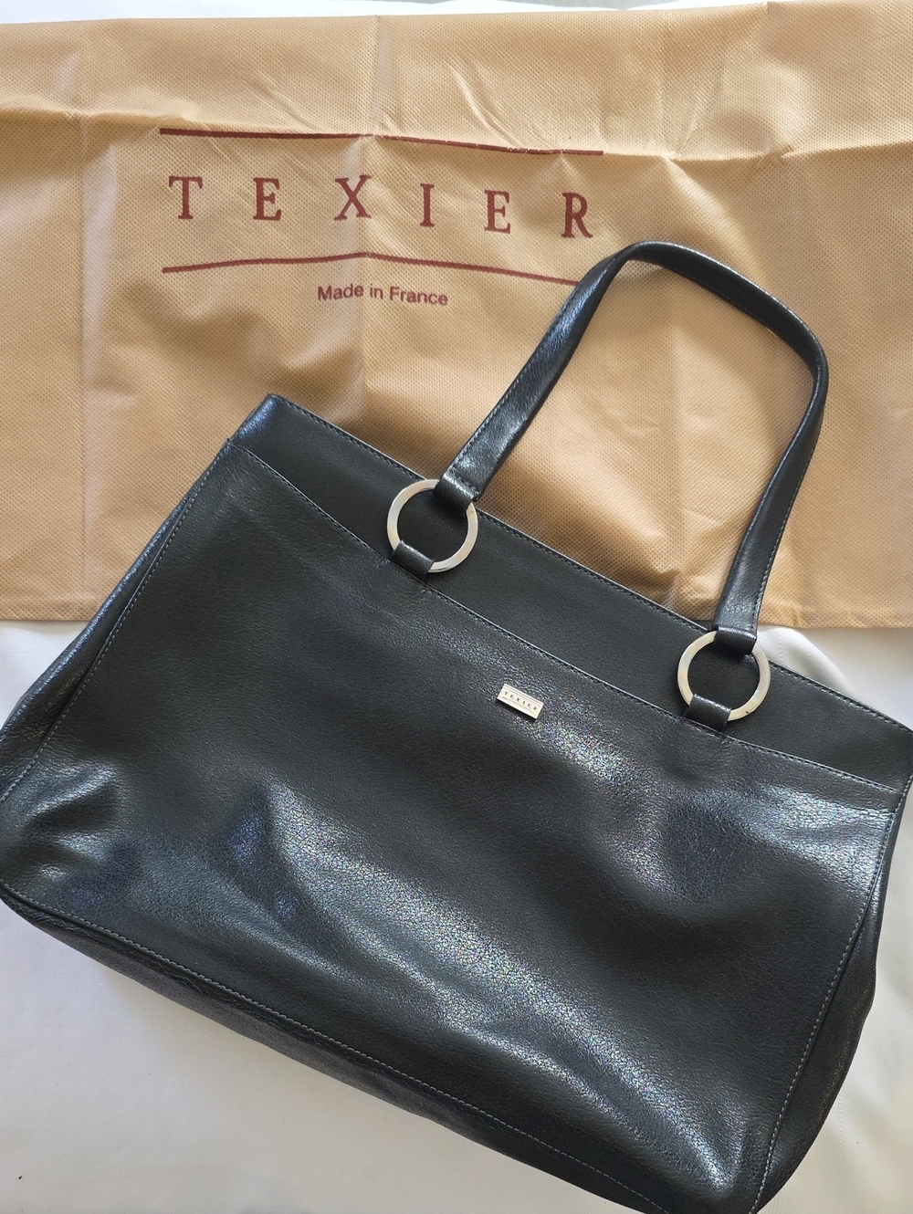 Vintage Texier Black Leather Tote with Silver Ring Handles New With Tags